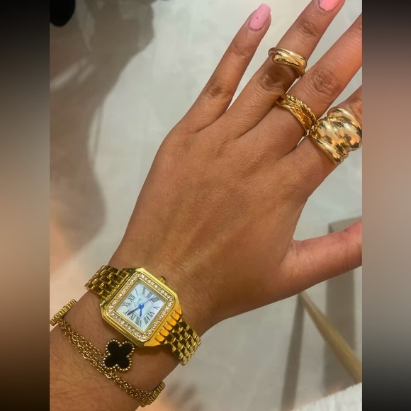 Panthere Classic Gold Crystal Stainless Steel Watch& Alhambra Gold Bracelet Set - Picture 4 of 16